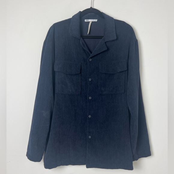 ZARA Man Large Navy Blue Relaxed Fit Corduroy Suit Button Down Shirt Shacket - Picture 3 of 16